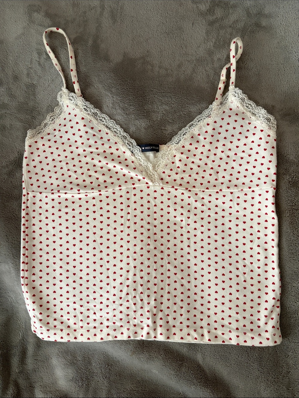 Brandy Melville Cream Cami with Red Heart Print and Lace Trim